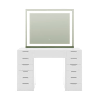 Janika Dressing Table with Drawers & LED Lights in White featuring a large mirror with built-in LEDs, two stacks of six drawers, and a sleek tabletop, ideal for organized beauty routines.