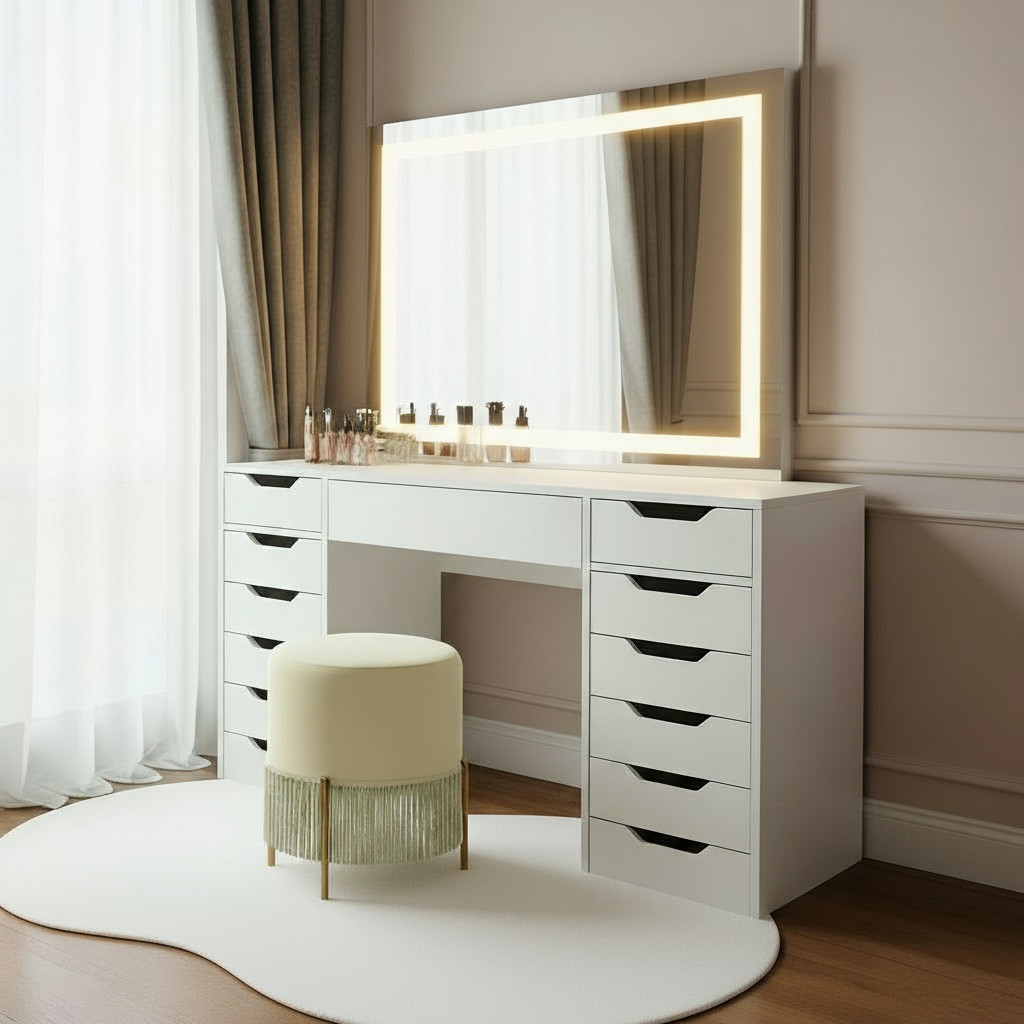 Janika Dressing Table with Drawers & LED Lights in White, featuring multiple drawers and a warm backlit mirror, paired with a fringed stool and cosmetics on the tabletop.