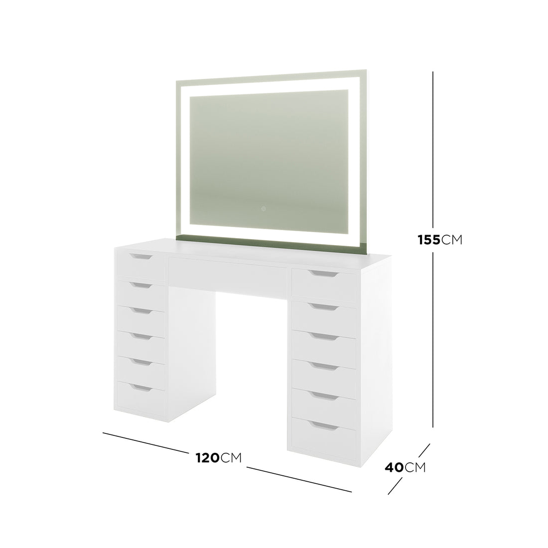 Janika Dressing Table with Drawers & LED Lights in White features a tabletop with a large mirror, LED border, flanked by two five-drawer towers, and a central shallow drawer for organized storage.