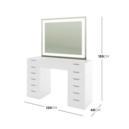 Janika Dressing Table with Drawers & LED Lights in White features a tabletop with a large mirror, LED border, flanked by two five-drawer towers, and a central shallow drawer for organized storage.