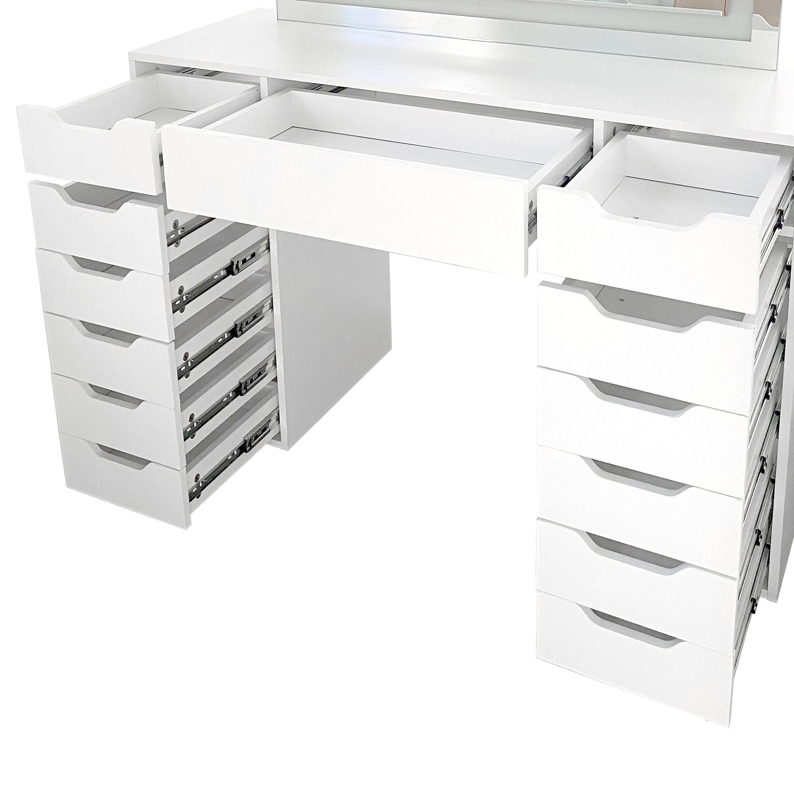 Janika Dressing Table with Drawers & LED Lights in White features multiple open drawers showcasing smooth interiors, with LED lights for enhanced visibility, ideal for organized storage and stylish vanity use.