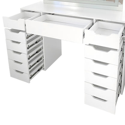 Janika Dressing Table with Drawers & LED Lights in White features multiple open drawers showcasing smooth interiors, with LED lights for enhanced visibility, ideal for organized storage and stylish vanity use.