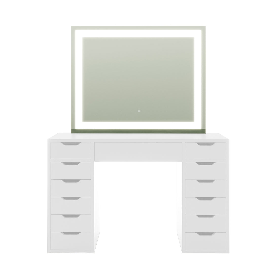 Janika Dressing Table with Drawers & LED Lights in White features pedestal-style drawers, a flat tabletop, and a rectangular mirror framed by illuminated LED lights, offering sleek functionality and modern elegance.