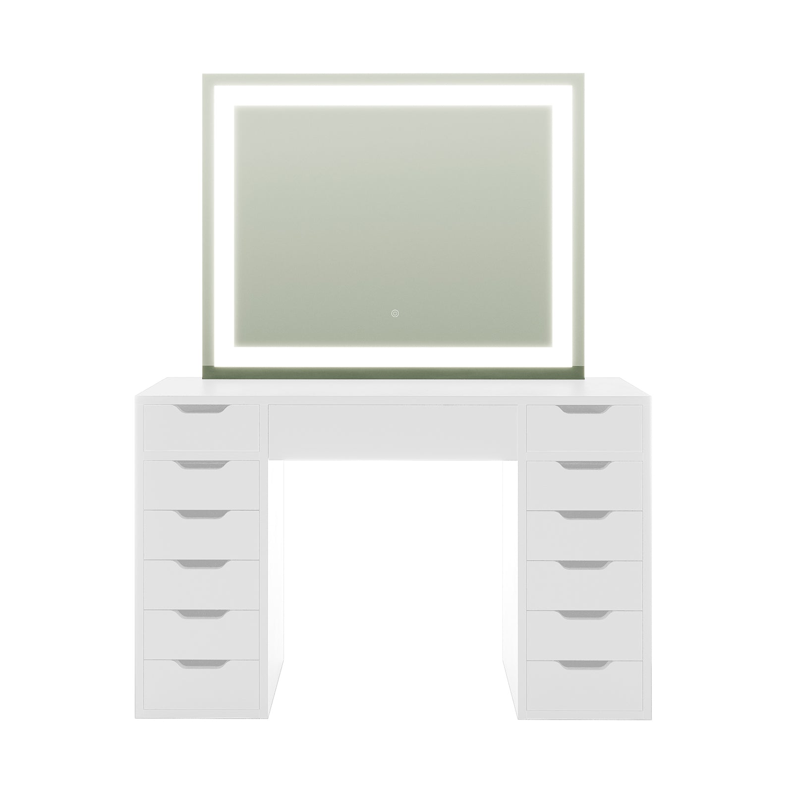 Janika Dressing Table with Drawers & LED Lights in White features pedestal-style drawers, a flat tabletop, and a rectangular mirror framed by illuminated LED lights, offering sleek functionality and modern elegance.