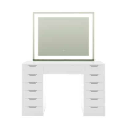 Janika Dressing Table with Drawers & LED Lights in White features pedestal-style drawers, a flat tabletop, and a rectangular mirror framed by illuminated LED lights, offering sleek functionality and modern elegance.