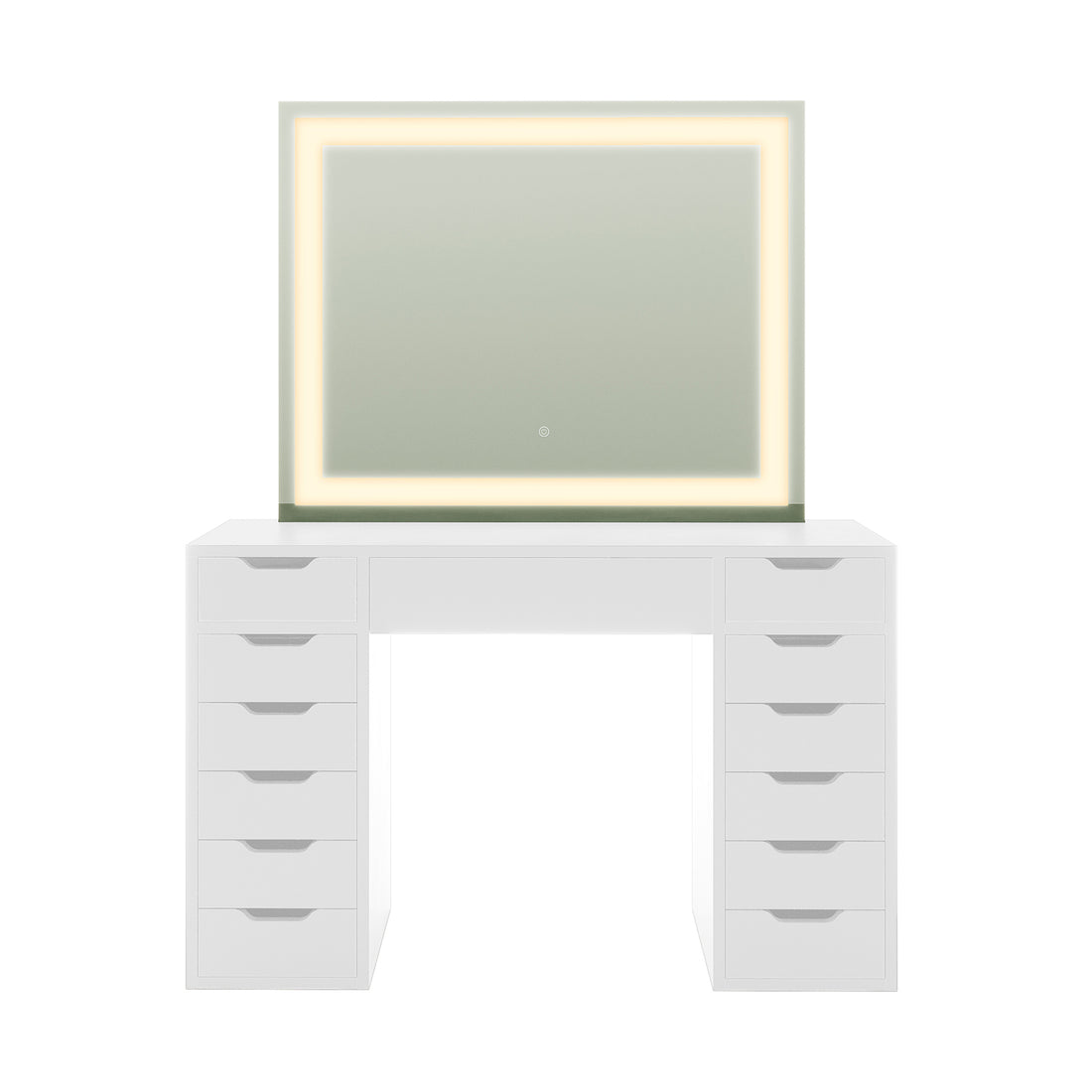 Janika Dressing Table with Drawers & LED Lights in White features twelve small drawers, a central drawer, and a large mirror with warm LED backlighting, offering functionality and modern elegance.