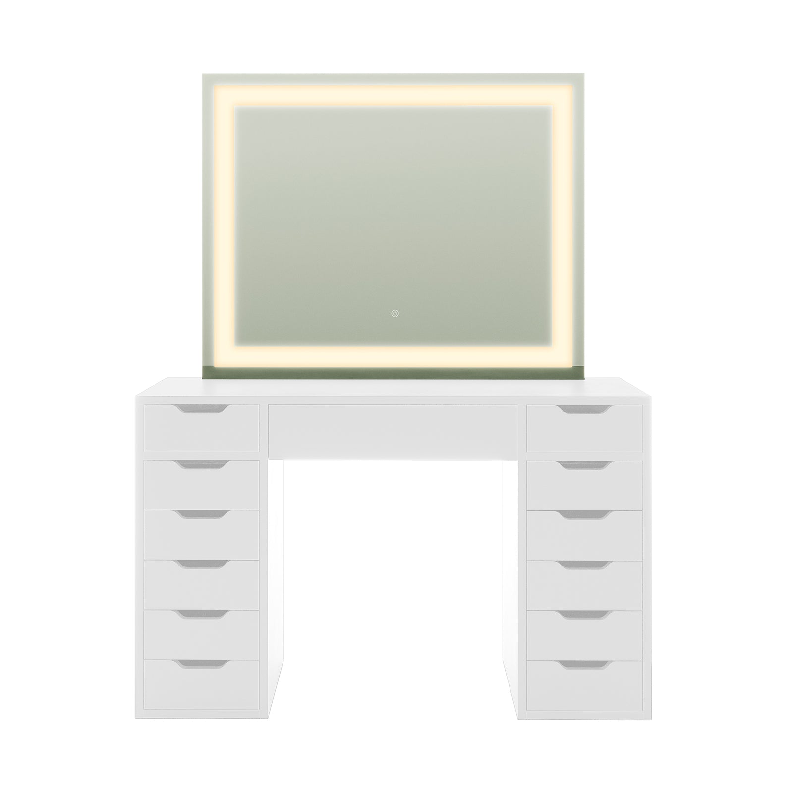 Janika Dressing Table with Drawers & LED Lights in White features twelve small drawers, a central drawer, and a large mirror with warm LED backlighting, offering functionality and modern elegance.