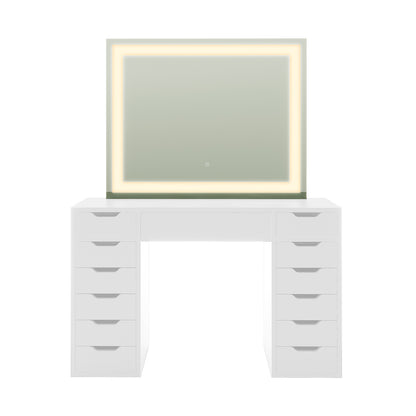 Janika Dressing Table with Drawers & LED Lights in White features twelve small drawers, a central drawer, and a large mirror with warm LED backlighting, offering functionality and modern elegance.