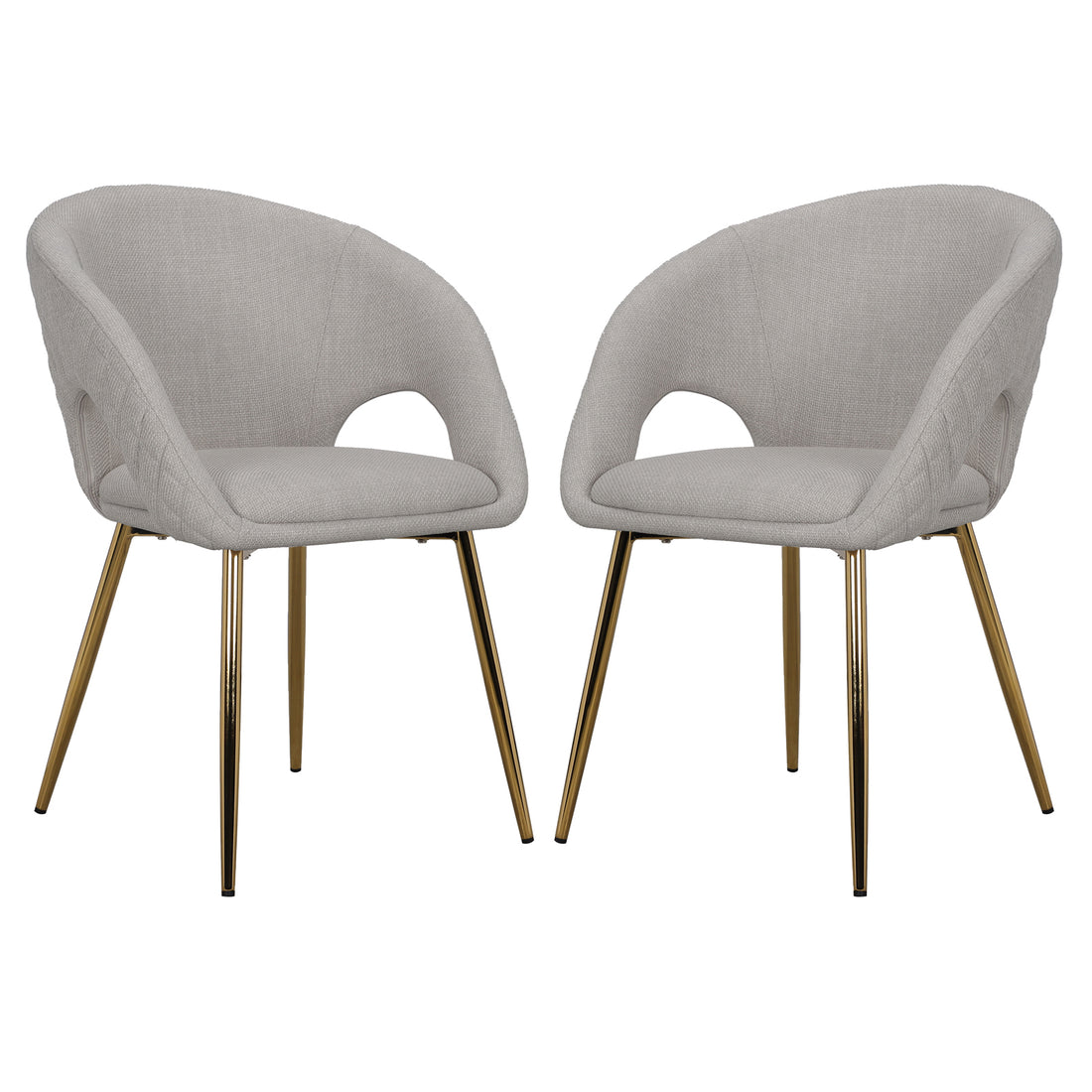 Jazlyn Linen Gold Legs Dining Chair Beige Set of 2, featuring sleek gold legs and plush linen upholstery, highlighting its modern design and elegance suitable for diverse dining settings.