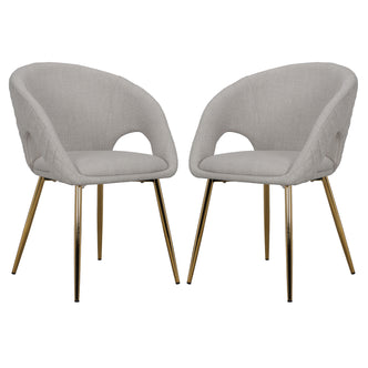 Jazlyn Linen Gold Legs Dining Chair Beige Set of 2, featuring sleek gold legs and plush linen upholstery, highlighting its modern design and elegance suitable for diverse dining settings.