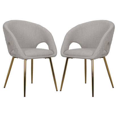 Jazlyn Linen Gold Legs Dining Chair Beige Set of 2, featuring sleek gold legs and plush linen upholstery, highlighting its modern design and elegance suitable for diverse dining settings.