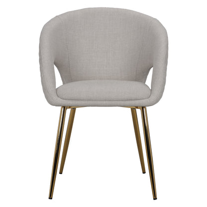 Jazlyn Linen Gold Legs Dining Chair, featuring sleek gold legs and plush linen upholstery, designed for comfort and style. Ideal for adding elegance to any dining space. Sold as a set of two.