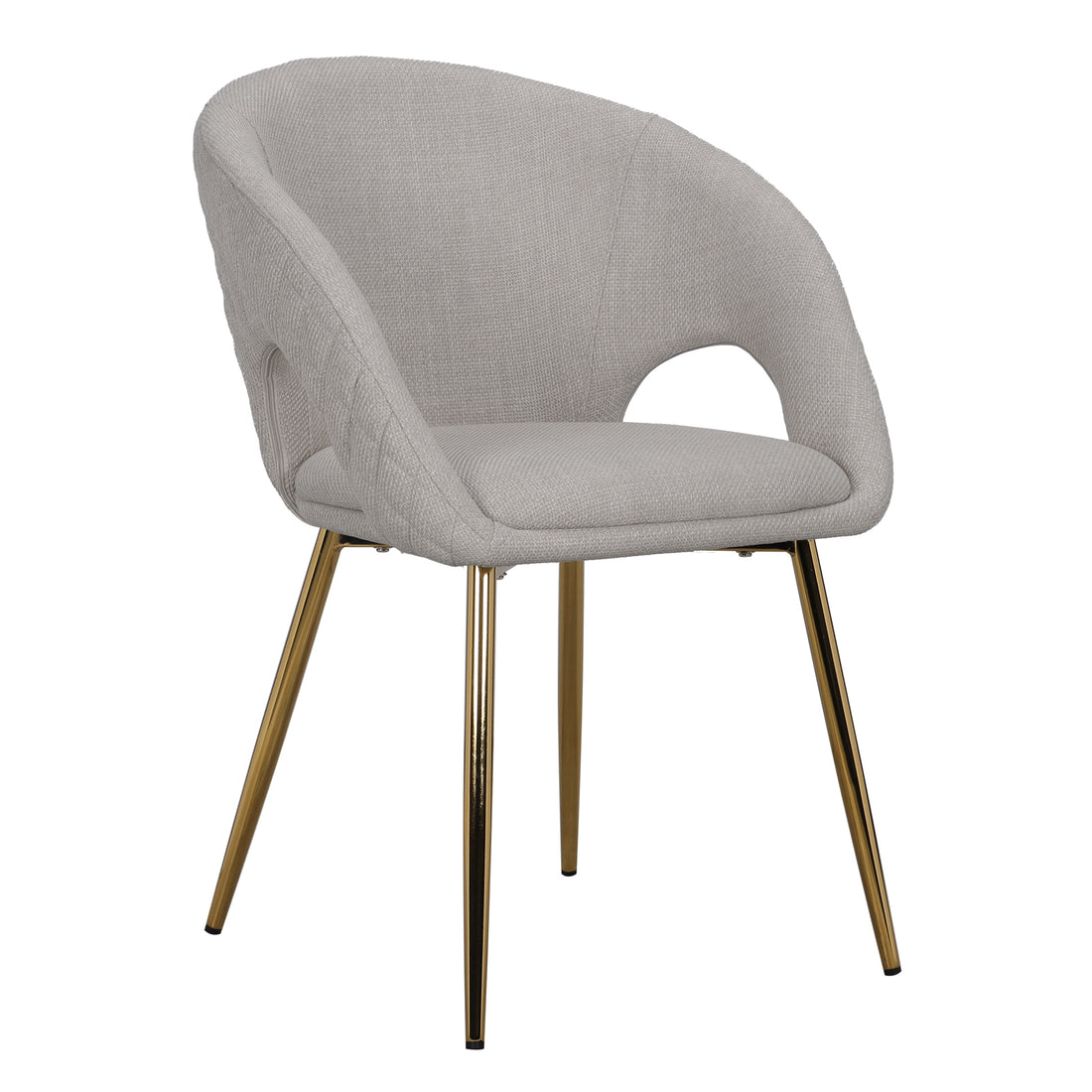 Jazlyn Linen Gold Legs Dining Chair Beige Set of 2, featuring plush linen upholstery, sleek armrests, and elegant gold chrome legs, embodying contemporary style and comfort. Perfect for enhancing modern dining spaces.