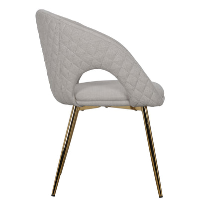 Jazlyn Linen Gold Legs Dining Chair Beige Set of 2, featuring plush linen upholstery, padded armrests, and sleek golden chrome legs, showcasing a modern design perfect for enhancing any dining space.