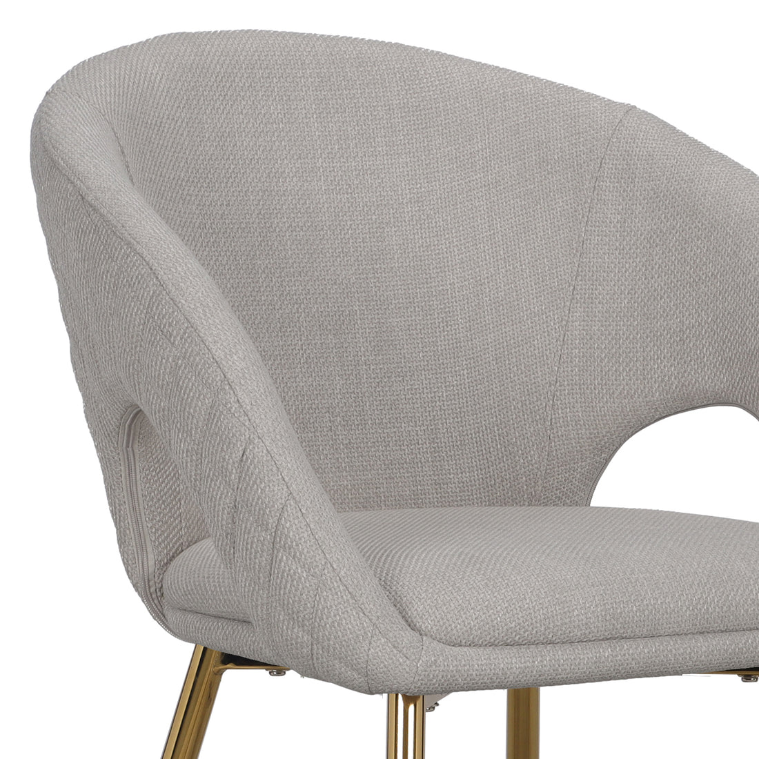 Jazlyn Linen Gold Legs Dining Chair in beige, set of 2, featuring a close-up of the plush linen upholstery and sleek golden metal legs with padded armrests for enhanced comfort and style.