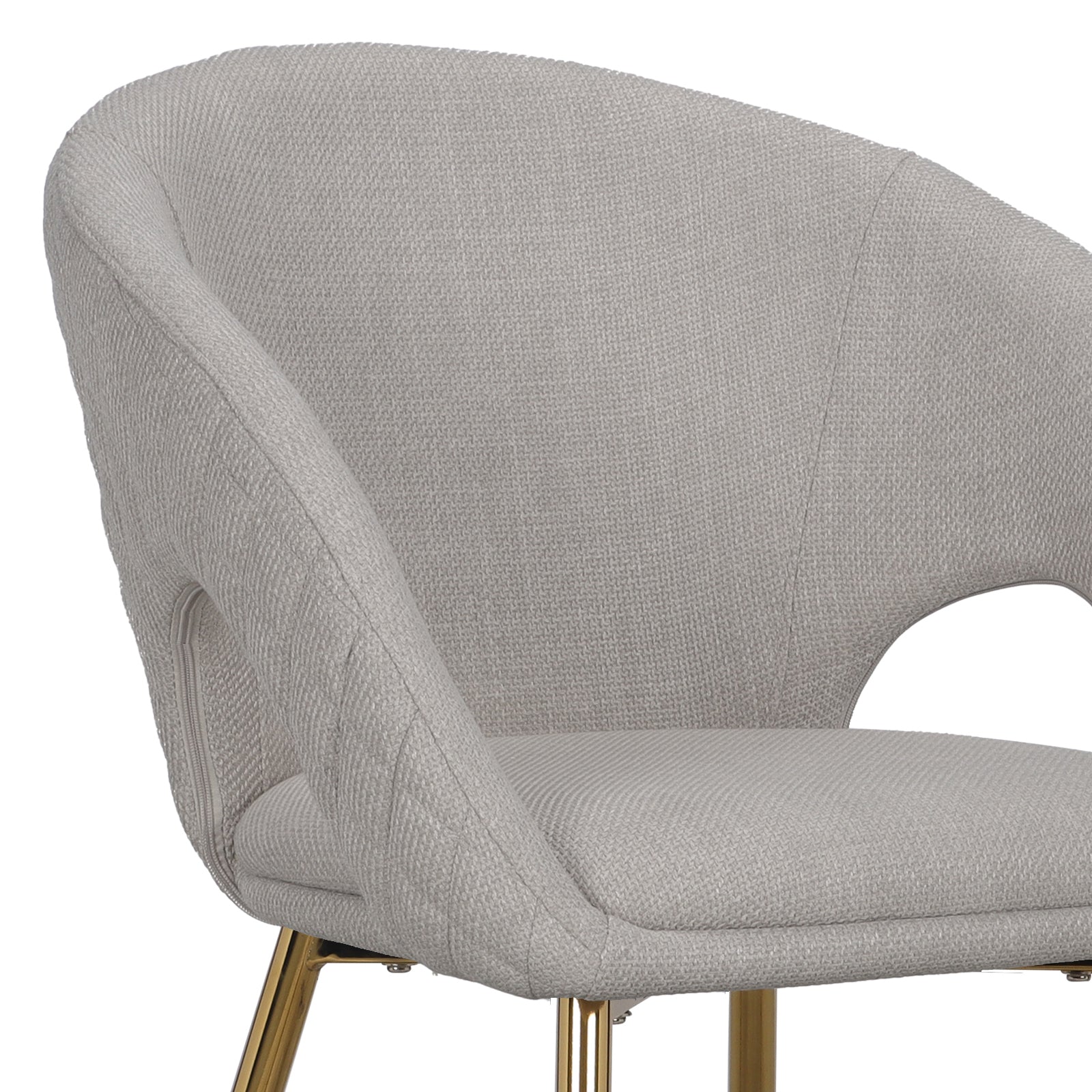 Jazlyn Linen Gold Legs Dining Chair in beige, set of 2, featuring a close-up of the plush linen upholstery and sleek golden metal legs with padded armrests for enhanced comfort and style.