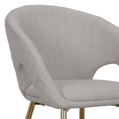 Jazlyn Linen Gold Legs Dining Chair in beige, set of 2, featuring a close-up of the plush linen upholstery and sleek golden metal legs with padded armrests for enhanced comfort and style.