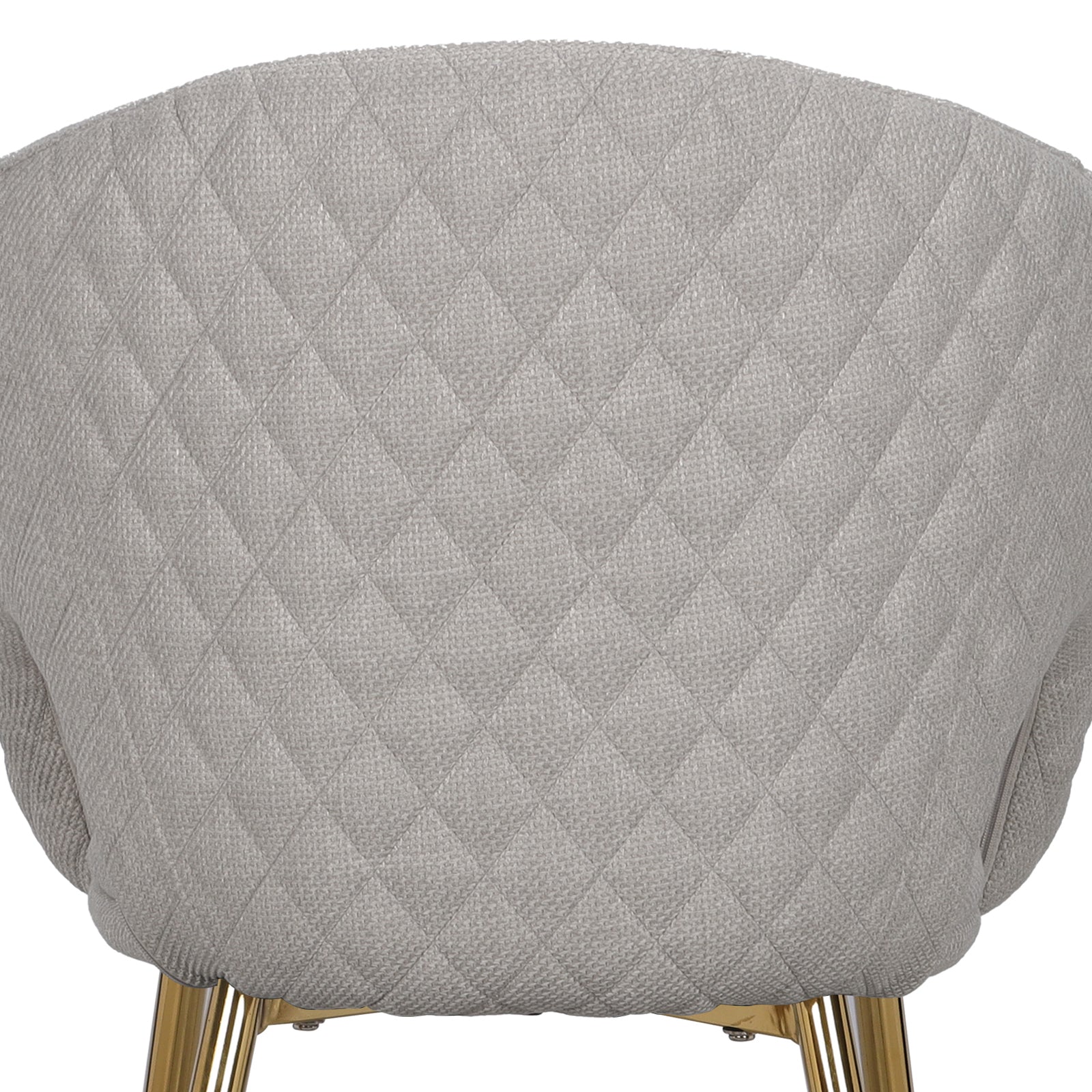 Jazlyn Linen Gold Legs Dining Chair features close-up views of its plush cushion, elegantly supported by sleek, golden chrome legs, showcasing its stylish and modern design.
