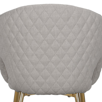 Jazlyn Linen Gold Legs Dining Chair features close-up views of its plush cushion, elegantly supported by sleek, golden chrome legs, showcasing its stylish and modern design.