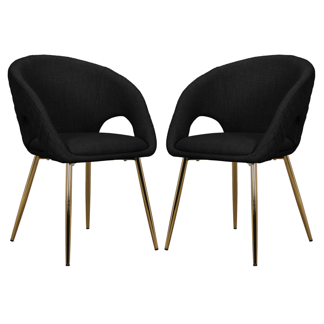 Jazlyn Linen Gold Legs Dining Chair Black Set of 2, featuring black linen upholstery and gold chrome legs, offers a modern and stylish seating option for dining or living spaces.