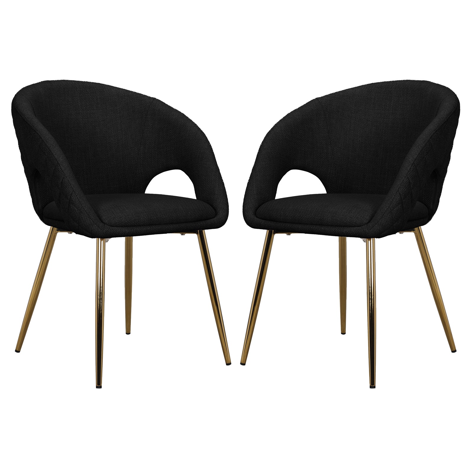 Jazlyn Linen Gold Legs Dining Chair Black Set of 2, featuring black linen upholstery and gold chrome legs, offers a modern and stylish seating option for dining or living spaces.