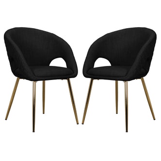 Jazlyn Linen Gold Legs Dining Chair Black Set of 2, featuring black linen upholstery and gold chrome legs, offers a modern and stylish seating option for dining or living spaces.