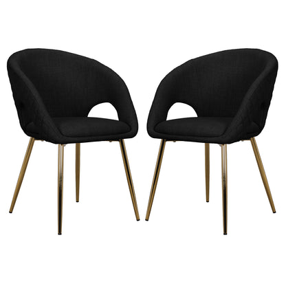 Jazlyn Linen Gold Legs Dining Chair Black Set of 2, featuring black linen upholstery and gold chrome legs, offers a modern and stylish seating option for dining or living spaces.