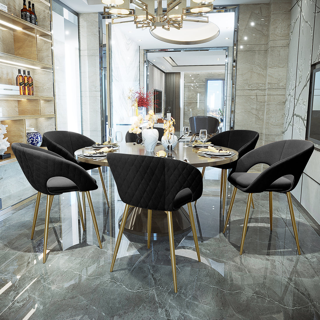 Jazlyn Linen Gold Legs Dining Chair Black Set of 2 features sleek gold legs and plush linen upholstery, offering a modern, elegant design perfect for enhancing dining or living spaces.