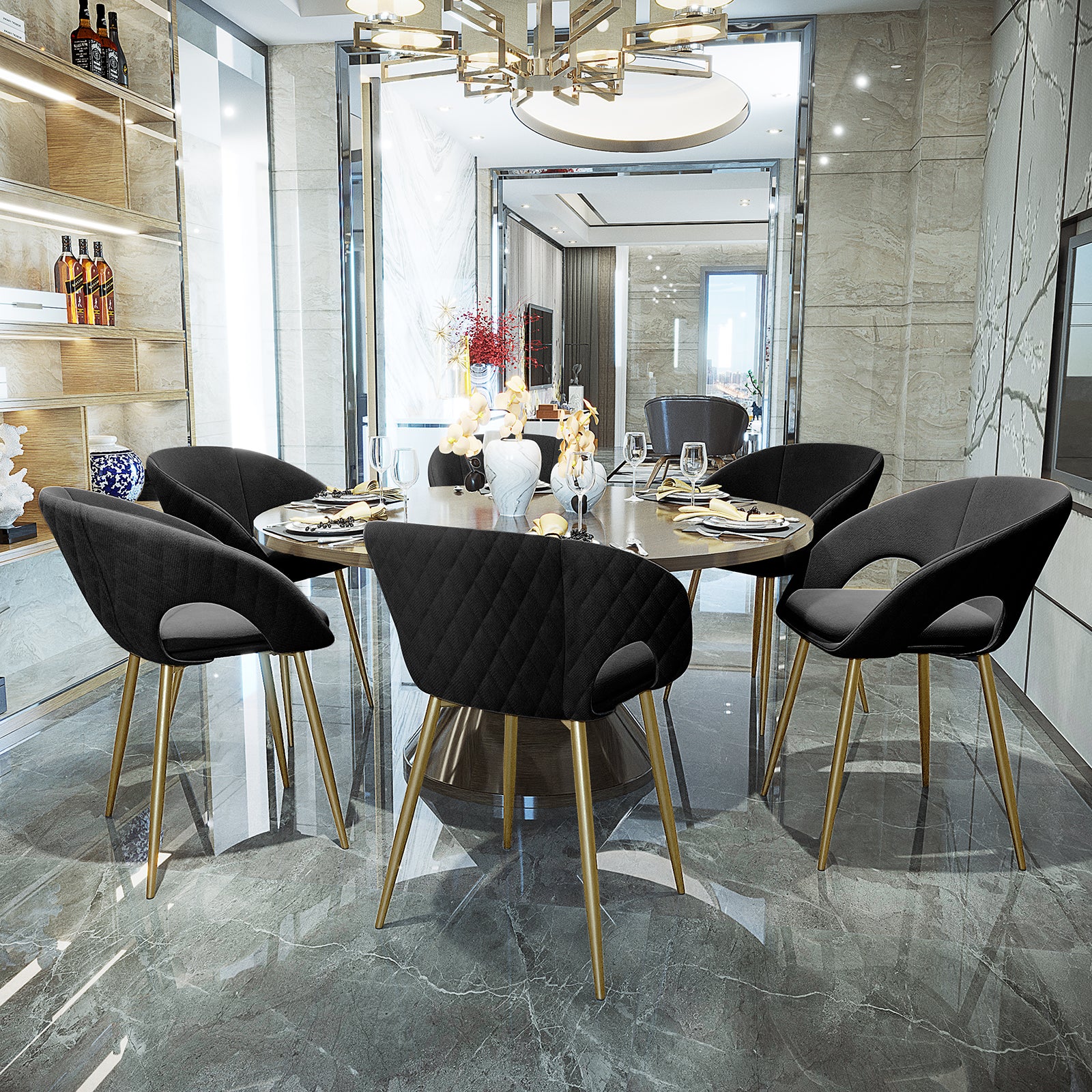 Jazlyn Linen Gold Legs Dining Chair Black Set of 2 features sleek gold legs and plush linen upholstery, offering a modern, elegant design perfect for enhancing dining or living spaces.