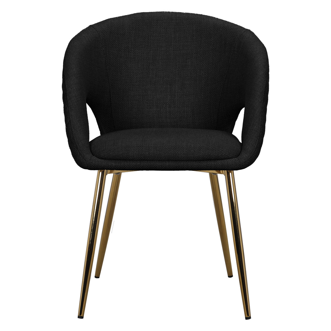 Jazlyn Linen Gold Legs Dining Chair Black Set of 2 features sleek black upholstery with comfortable armrests and striking gold chrome legs, ideal for enhancing modern dining or living spaces.