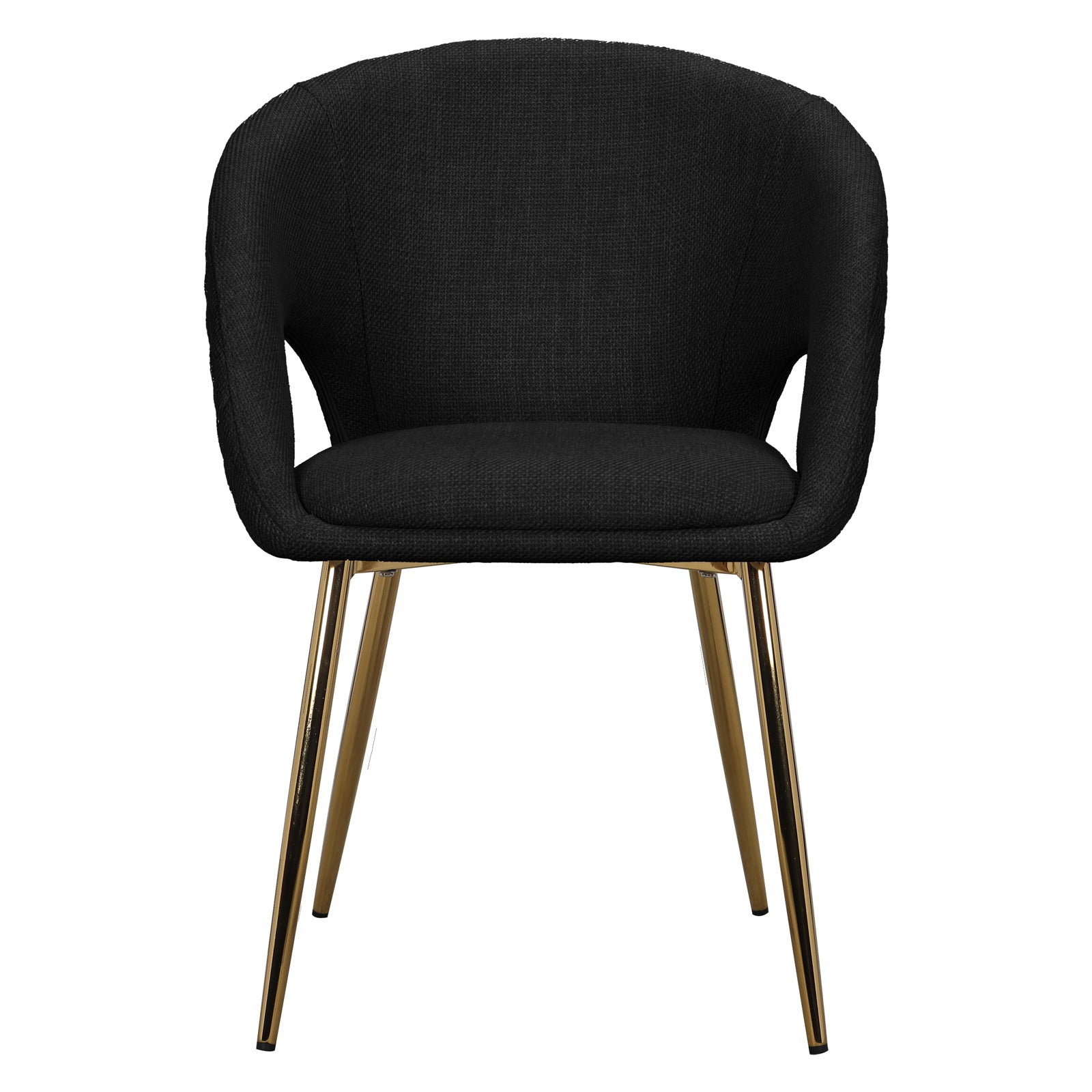 Jazlyn Linen Gold Legs Dining Chair Black Set of 2 features sleek black upholstery with comfortable armrests and striking gold chrome legs, ideal for enhancing modern dining or living spaces.