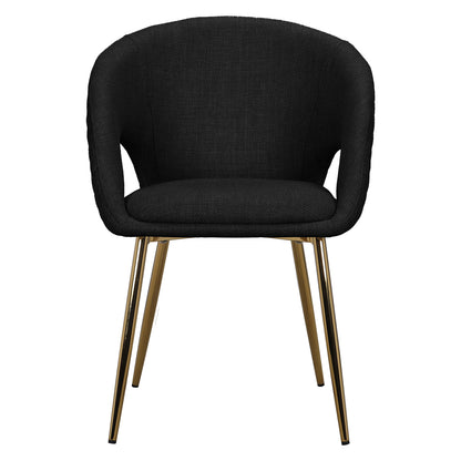 Jazlyn Linen Gold Legs Dining Chair Black Set of 2 features sleek black upholstery with comfortable armrests and striking gold chrome legs, ideal for enhancing modern dining or living spaces.