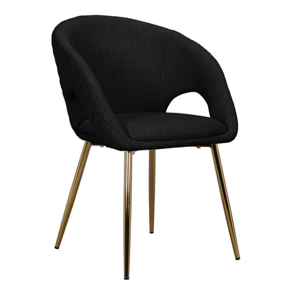 Jazlyn Linen Gold Legs Dining Chair Black Set of 2 features elegant black linen upholstery and shiny gold legs, showcasing a modern and stylish design perfect for elevating any dining space.