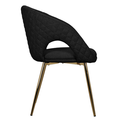 Jazlyn Linen Gold Legs Dining Chair Black Set of 2 featuring a sleek black fabric and distinctive gold legs, showcasing a modern design with comfortable armrests and plush linen upholstery.