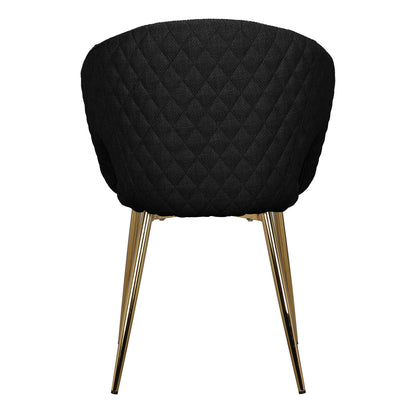 Jazlyn Linen Gold Legs Dining Chair Black Set of 2 features sleek black upholstery with elegant gold chrome legs, offering a modern aesthetic suitable for dining or living spaces.