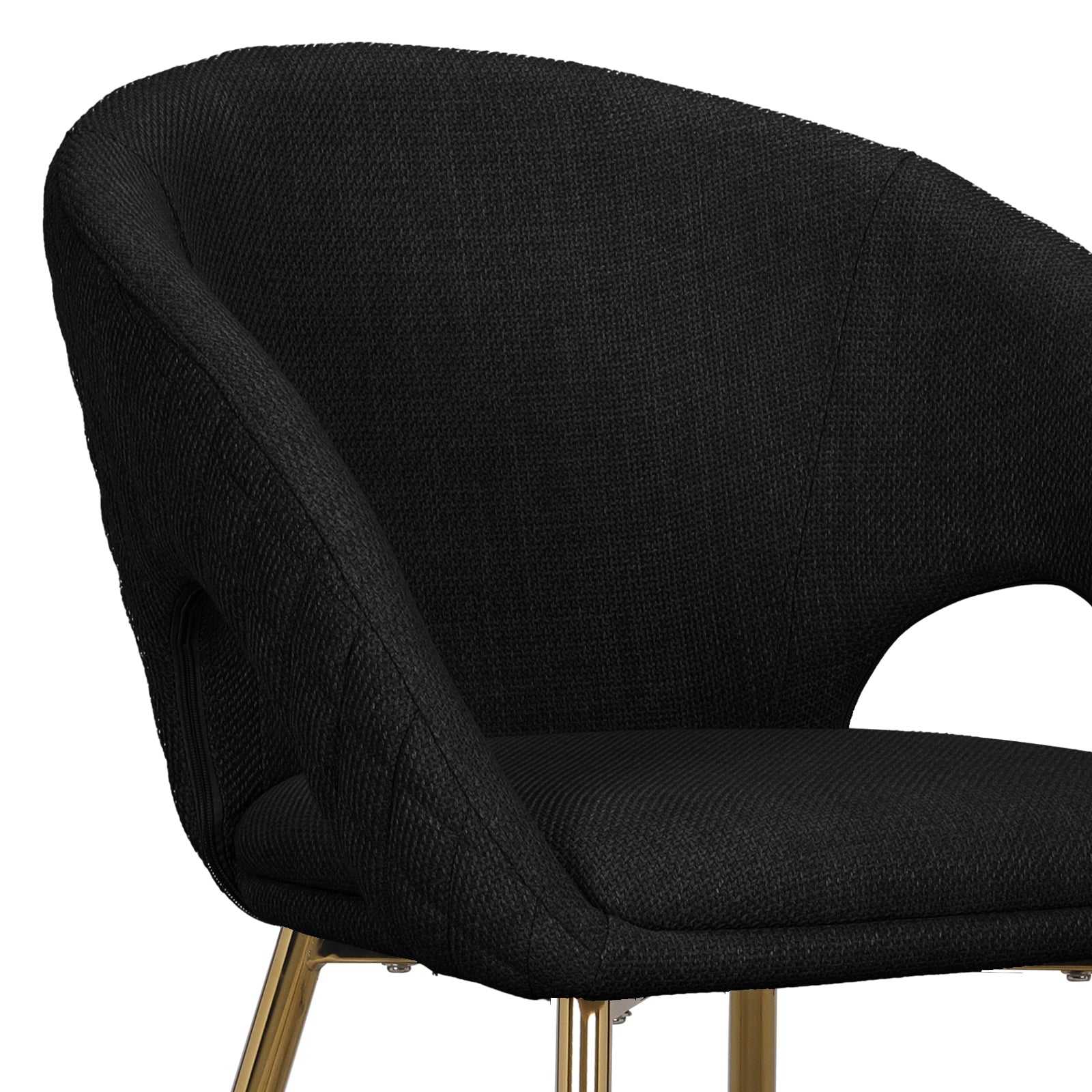 Jazlyn Linen Gold Legs Dining Chair, featuring a sleek black design with plush armrests and stylish golden chrome legs, showcasing its contemporary elegance and comfort in a dining setting.