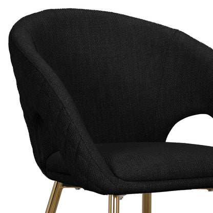Jazlyn Linen Gold Legs Dining Chair, featuring a sleek black design with plush armrests and stylish golden chrome legs, showcasing its contemporary elegance and comfort in a dining setting.