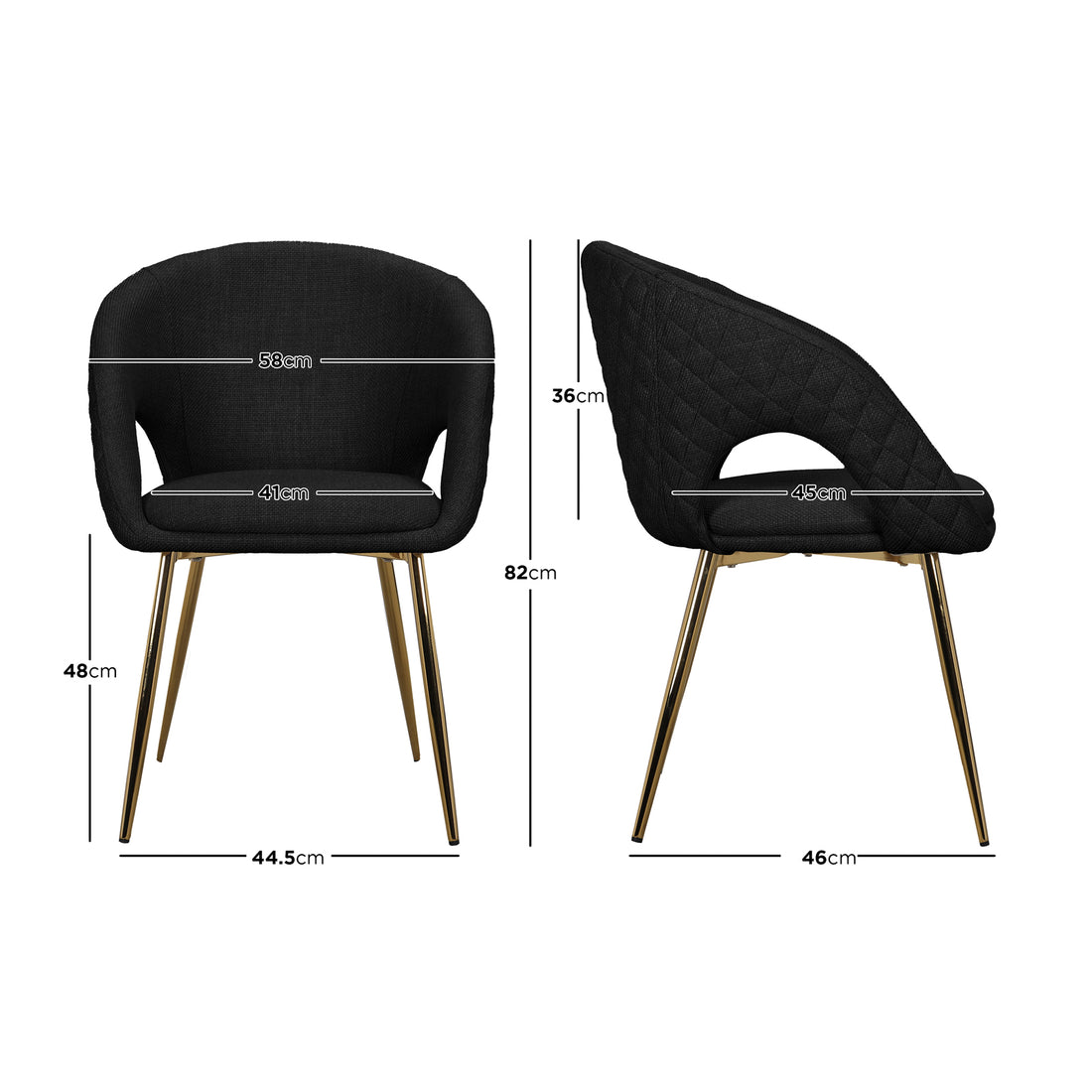 Jazlyn Linen Gold Legs Dining Chair Black Set of 2, featuring sleek black upholstery and elegant gold metal legs, designed for contemporary dining spaces.