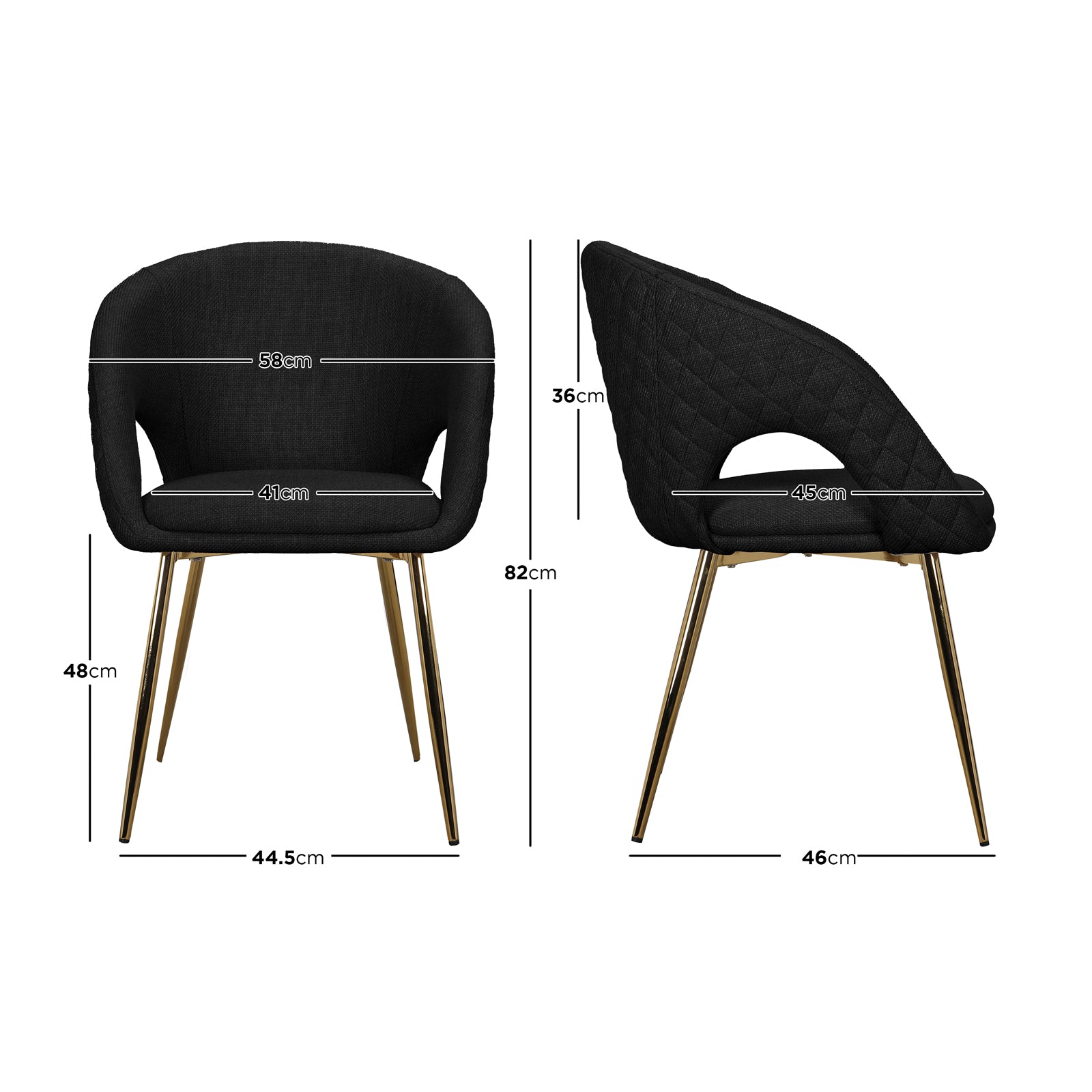 Jazlyn Linen Gold Legs Dining Chair Black Set of 2, featuring sleek black upholstery and elegant gold metal legs, designed for contemporary dining spaces.