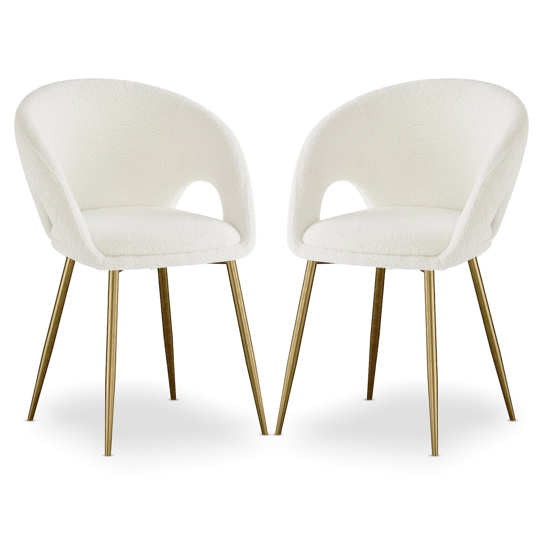 Jazlyn Bouclé Dining Chairs with Gold Legs Set of 2 in Cream, featuring curved open-back shell, white bouclé fabric, cut-out detail, and slender brass-tone metal legs.