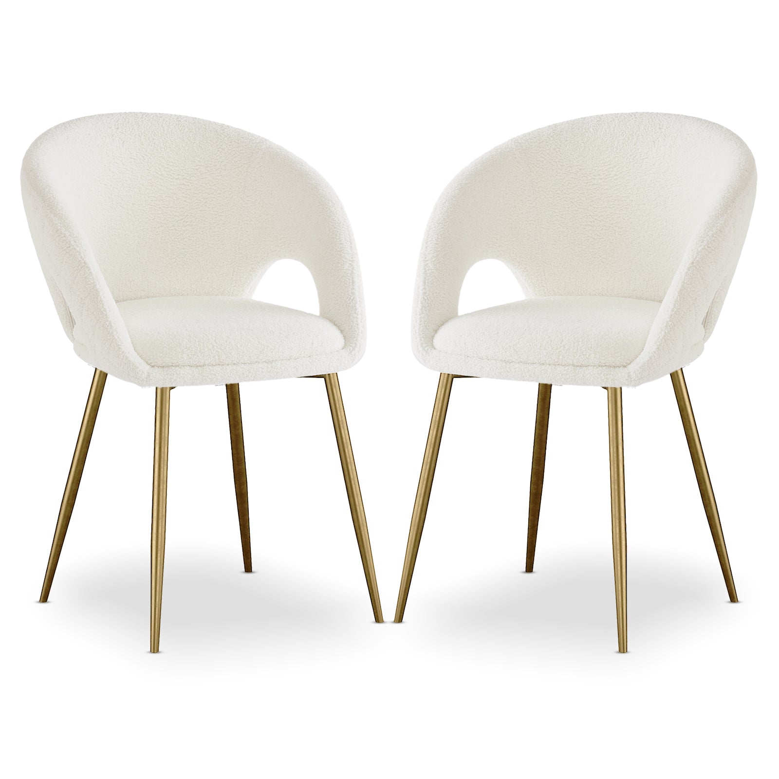 Jazlyn Bouclé Dining Chairs with Gold Legs Set of 2 in Cream, featuring curved open-back shell, white bouclé fabric, cut-out detail, and slender brass-tone metal legs.
