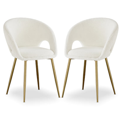 Jazlyn Bouclé Dining Chairs with Gold Legs Set of 2 in Cream, featuring curved open-back shell, white bouclé fabric, cut-out detail, and slender brass-tone metal legs.
