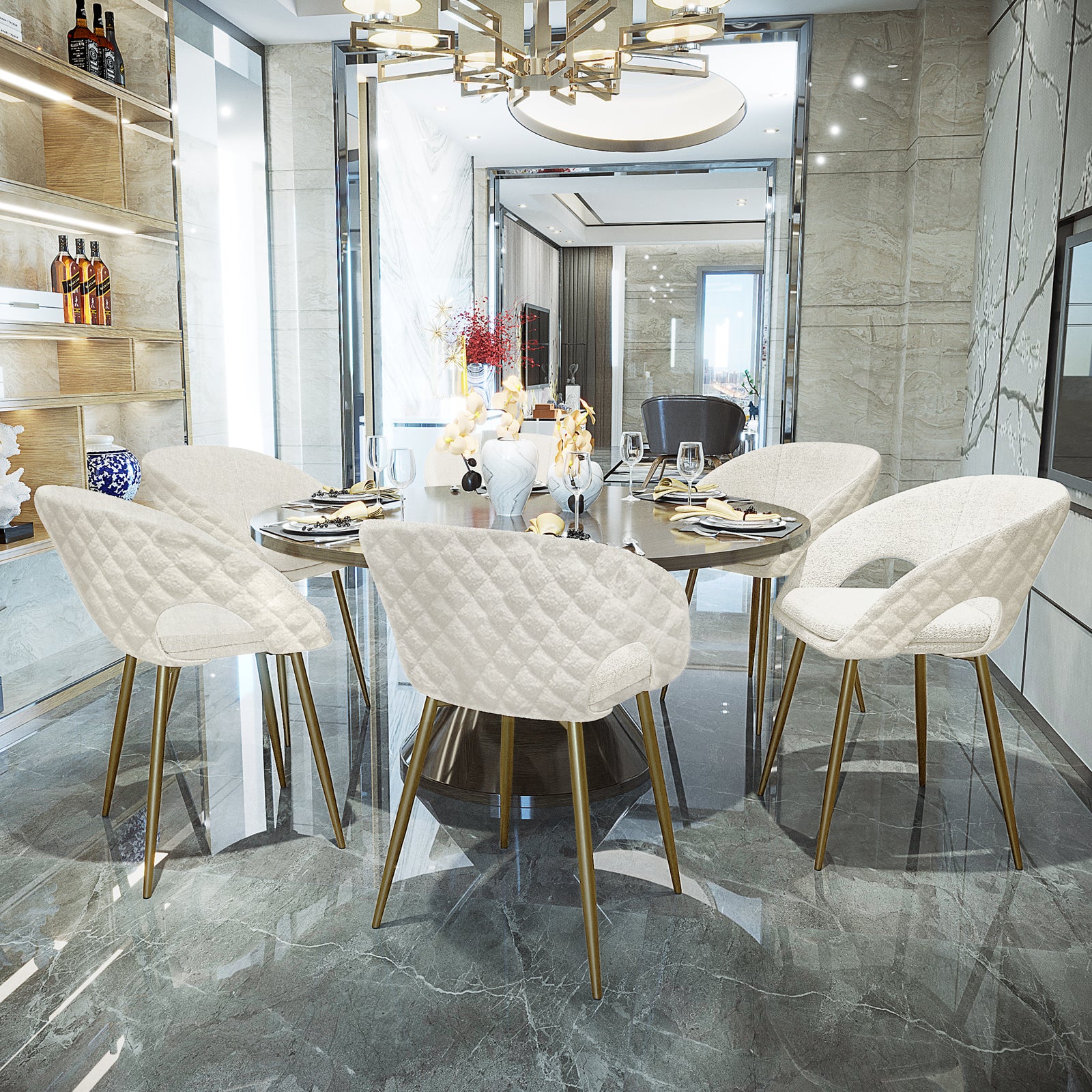 Jazlyn Bouclé Dining Chairs with Gold Legs Set of 2 in Cream surround a sleek, round dining table, highlighting their quilted upholstery and slender brass-colored legs in a modern dining area.