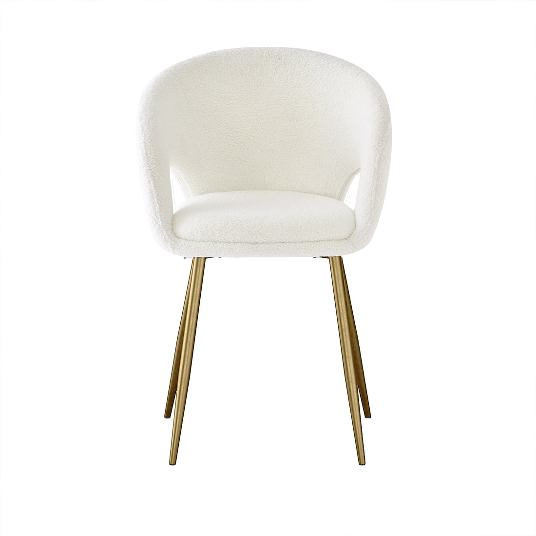 Jazlyn Boucle Dining Chairs with Gold Legs Set of 2 in Cream featuring plush white boucle upholstery, curved backrest, and warm brass-toned metal legs, offering modern elegance and comfort.
