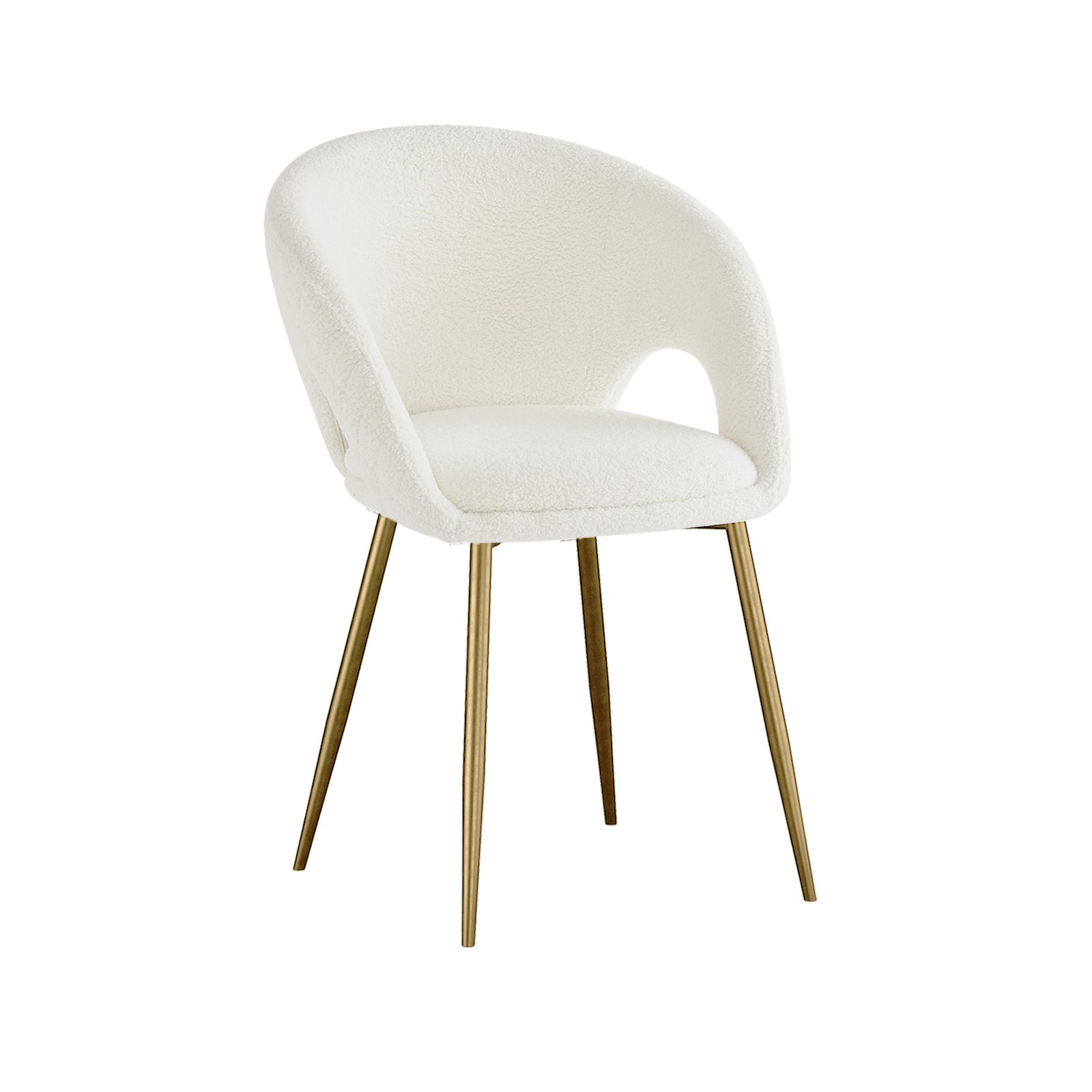 Jazlyn Bouclé Dining Chairs with Gold Legs Set of 2 in Cream, featuring a curved back, arm openings, soft off-white bouclé fabric, and slender brass-tone metal legs for a stylish, comfortable aesthetic.