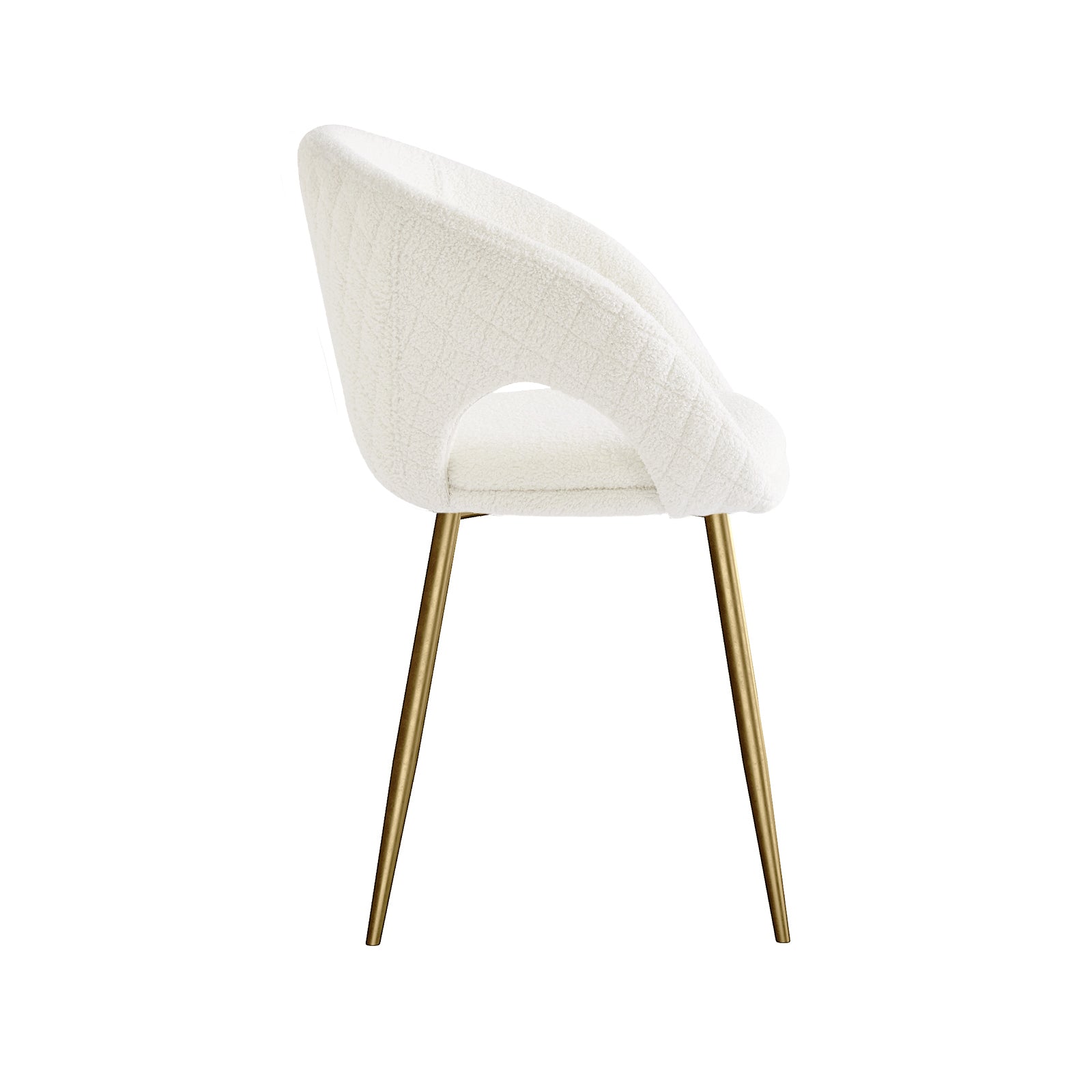 Jazlyn Bouclé Gold Legs Dining Chair Set of 2 - Cream, featuring a sleek white bouclé fabric seat and elegant gold metal legs, ideal for modern dining or living spaces.