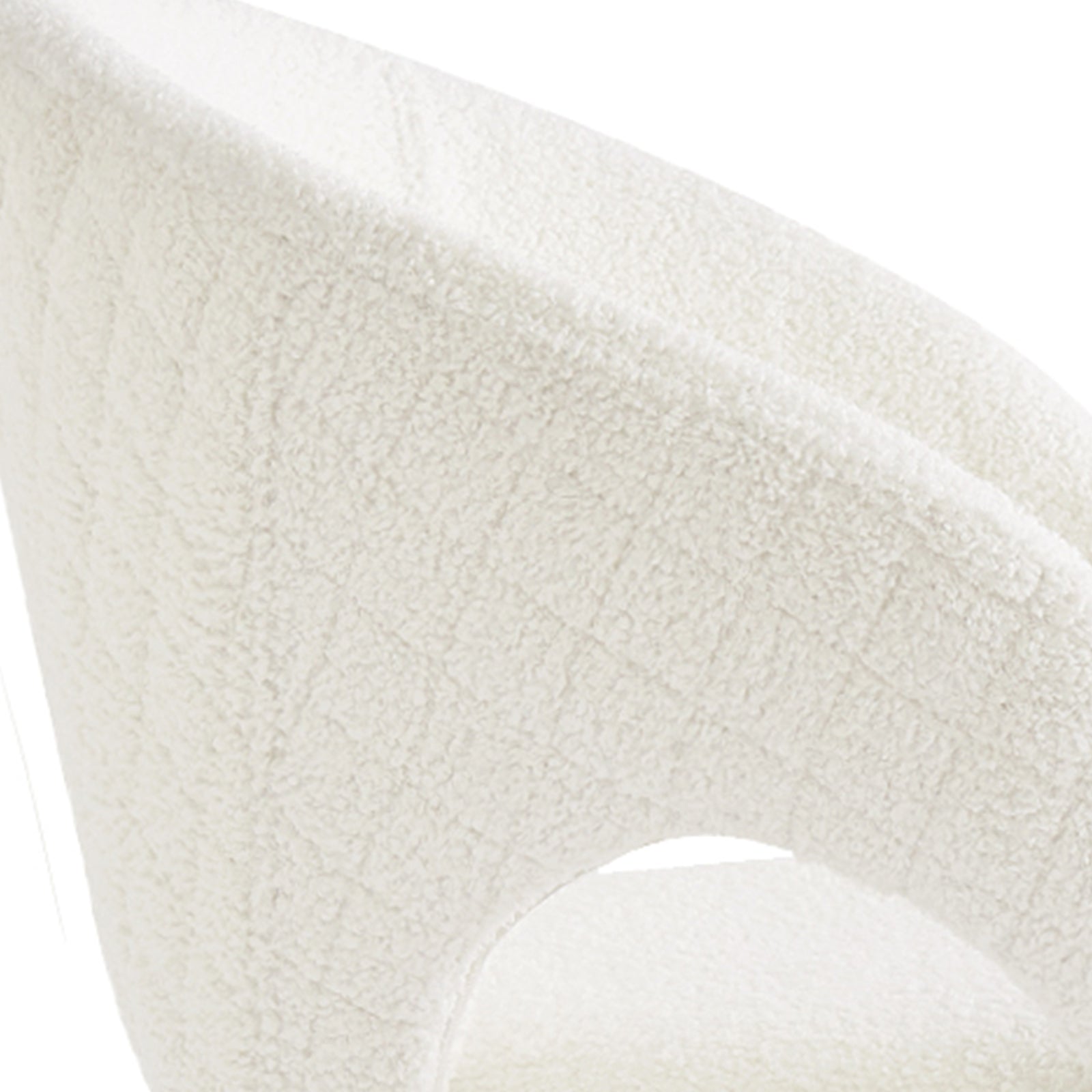 Close-up of the Jazlyn Bouclé Dining Chairs with Gold Legs Set of 2 in Cream, highlighting the textured bouclé fabric on the curved back/arm of the tub-style accent chair.