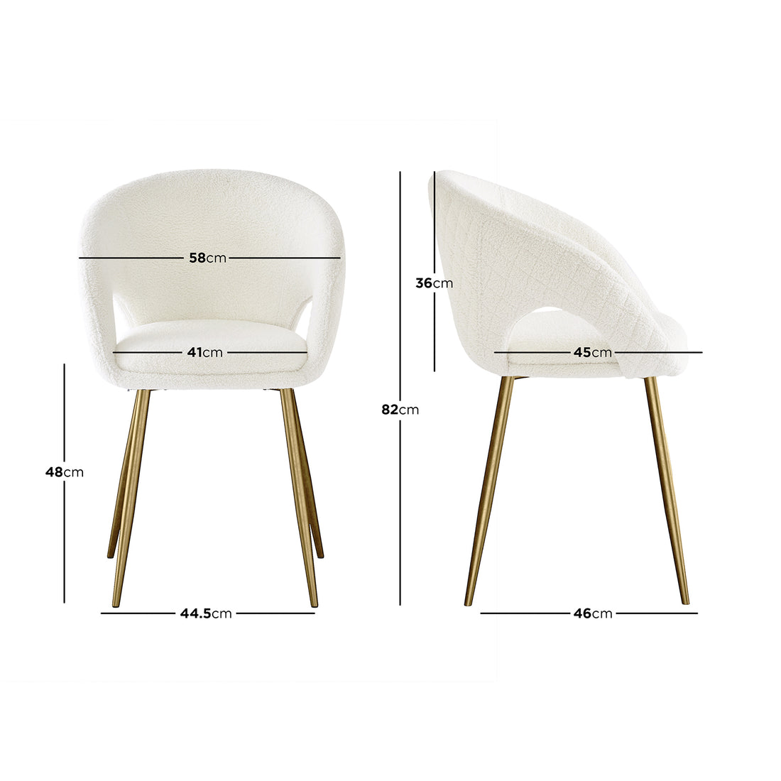Jazlyn Boucle Dining Chairs with Gold Legs Set of 2 in Cream, featuring a curved back, off-white textured upholstery, and slender gold metal legs, displayed with key dimensions highlighted.