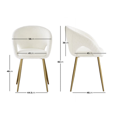 Jazlyn Boucle Dining Chairs with Gold Legs Set of 2 in Cream, featuring a curved back, off-white textured upholstery, and slender gold metal legs, displayed with key dimensions highlighted.