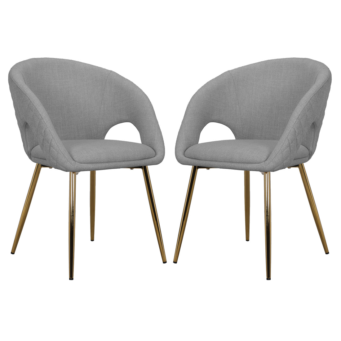Jazlyn Fabric Dining Chairs with Gold Legs Set of 2 in Grey, featuring curved upholstered shells with cut-outs at arm-backrest junction, supported by slender gold-tone metal legs, offering modern elegance.